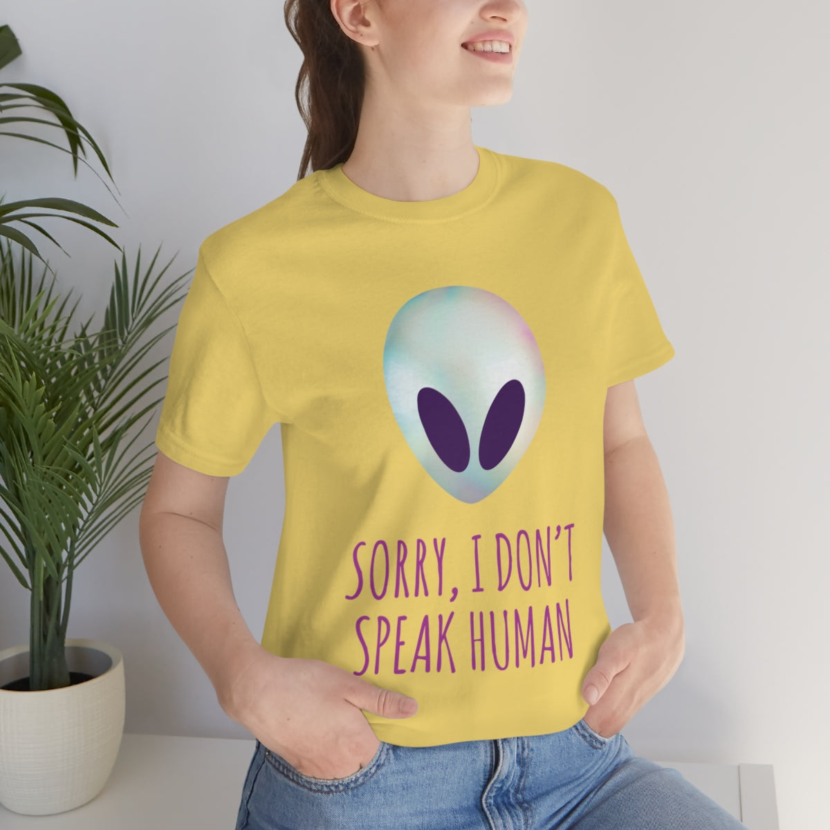 Sorry I Don` Speak Human Funny Aliens UFO Unisex Jersey Short Sleeve T-Shirt Ichaku [Perfect Gifts Selection]