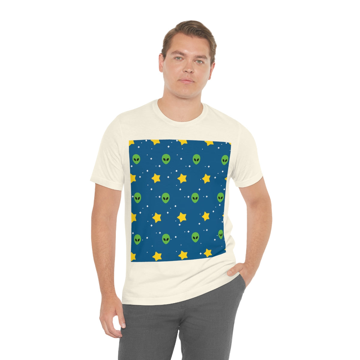 Space Pattern With Aliens UFO Movie Unisex Jersey Short Sleeve T-Shirt Ichaku [Perfect Gifts Selection]