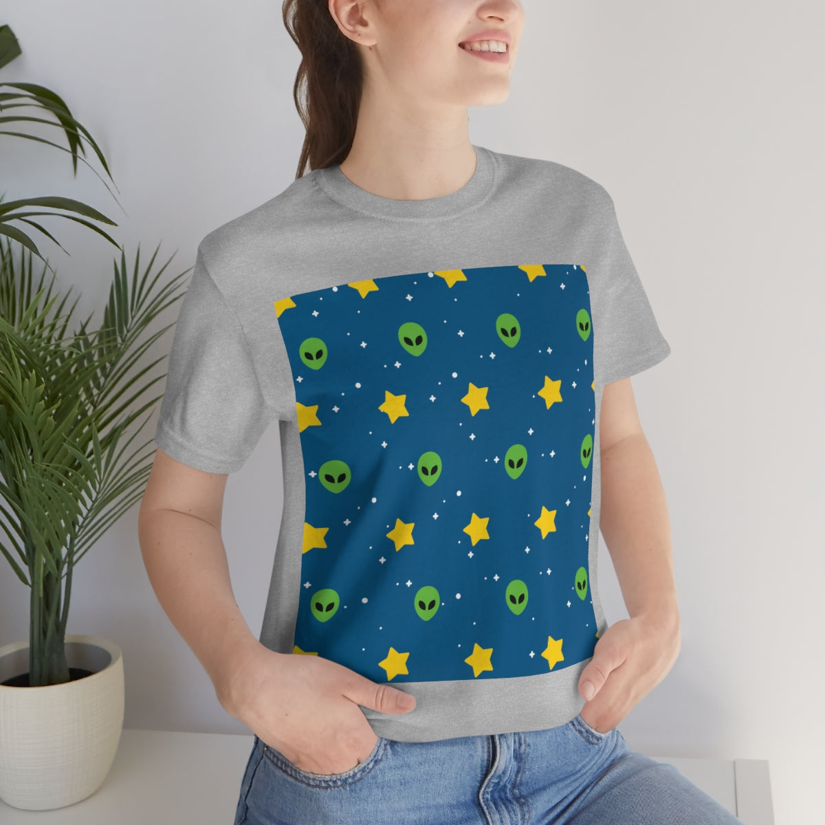 Space Pattern With Aliens UFO Movie Unisex Jersey Short Sleeve T-Shirt Ichaku [Perfect Gifts Selection]