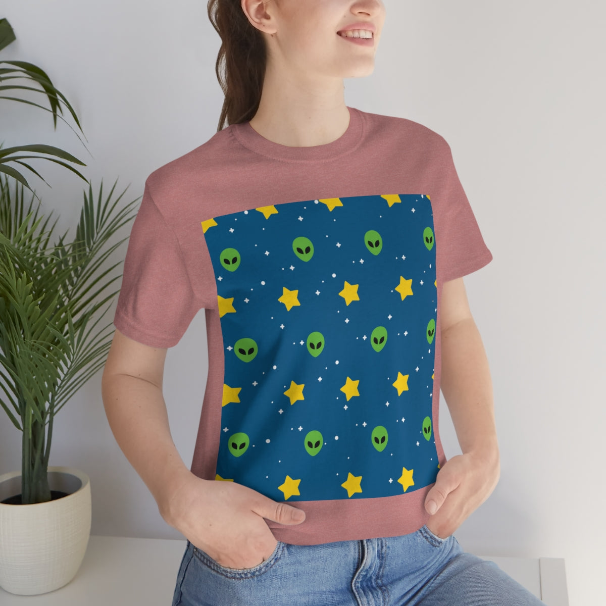 Space Pattern With Aliens UFO Movie Unisex Jersey Short Sleeve T-Shirt Ichaku [Perfect Gifts Selection]