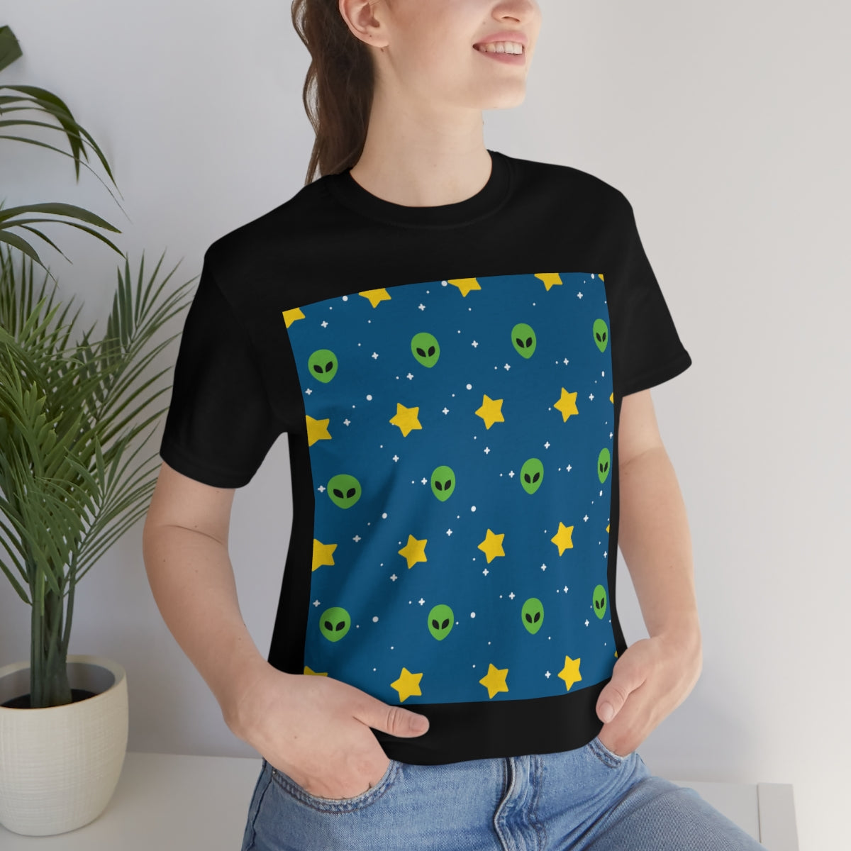 Space Pattern With Aliens UFO Movie Unisex Jersey Short Sleeve T-Shirt Ichaku [Perfect Gifts Selection]