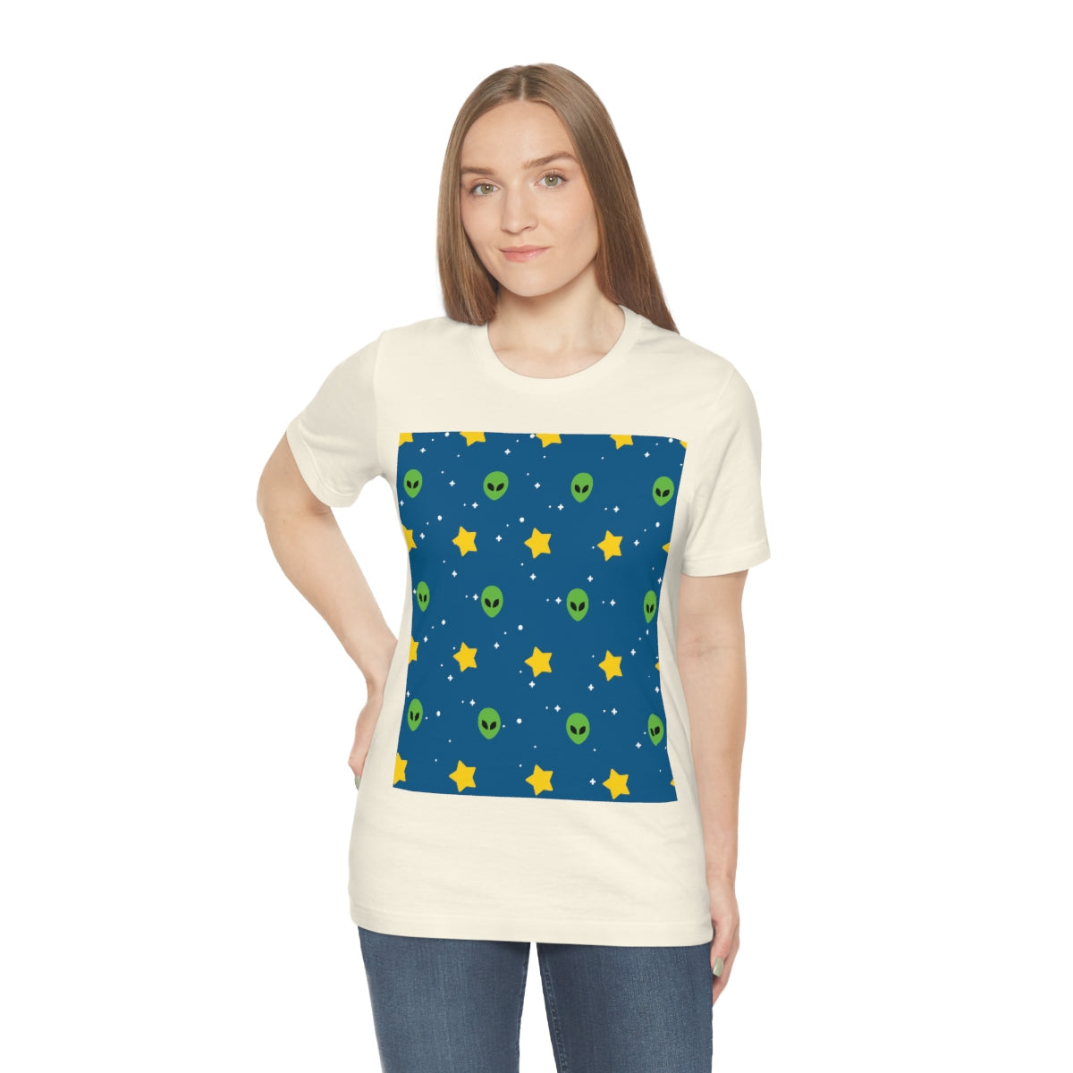 Space Pattern With Aliens UFO Movie Unisex Jersey Short Sleeve T-Shirt Ichaku [Perfect Gifts Selection]