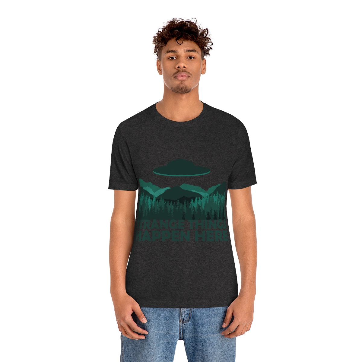 Strange Things Happen Here Spooky Forest Aliens UFO Arrival Unisex Jersey Short Sleeve T-Shirt Ichaku [Perfect Gifts Selection]