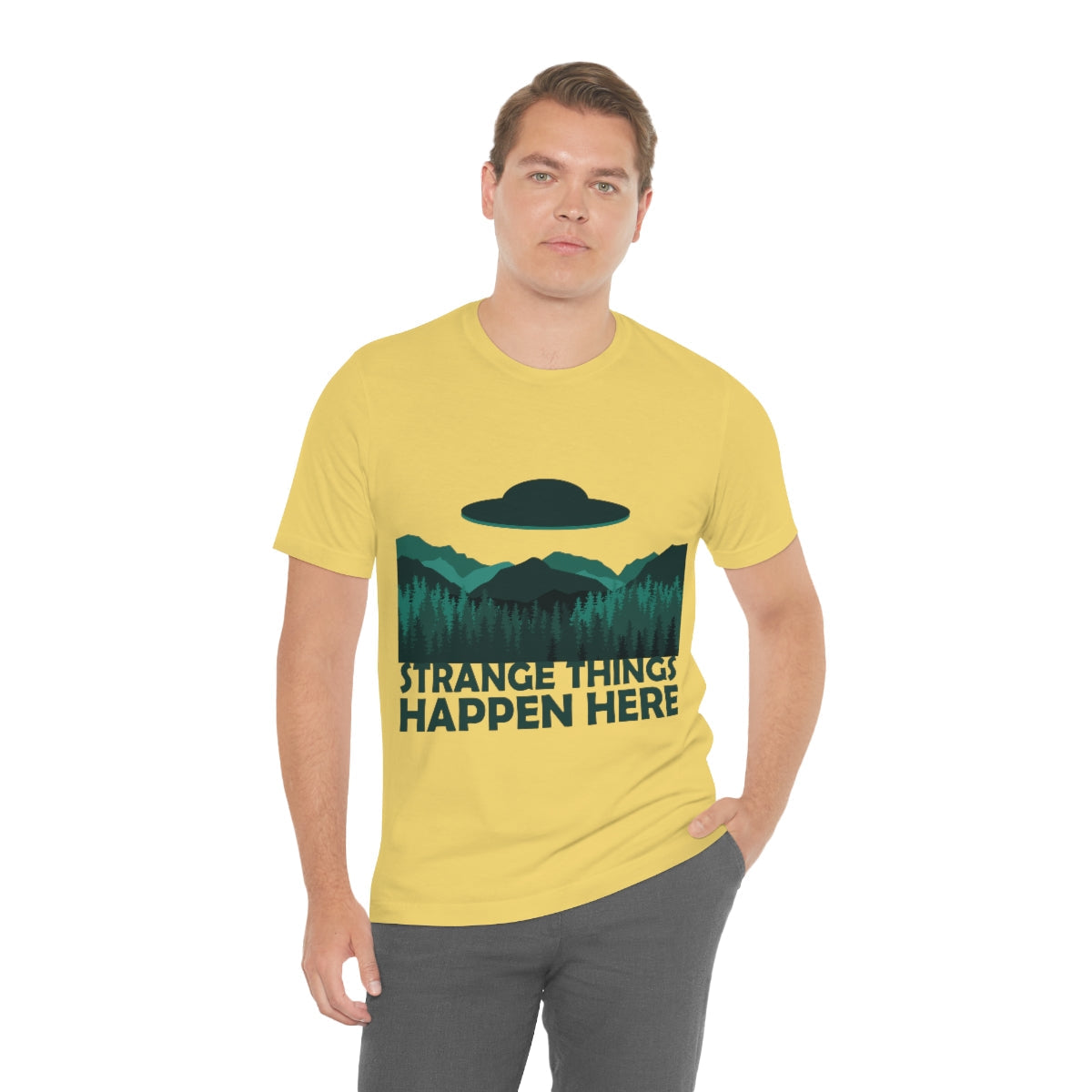 Strange Things Happen Here Spooky Forest Aliens UFO Arrival Unisex Jersey Short Sleeve T-Shirt Ichaku [Perfect Gifts Selection]