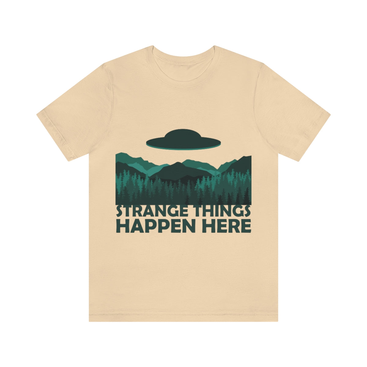 Strange Things Happen Here Spooky Forest Aliens UFO Arrival Unisex Jersey Short Sleeve T-Shirt Ichaku [Perfect Gifts Selection]