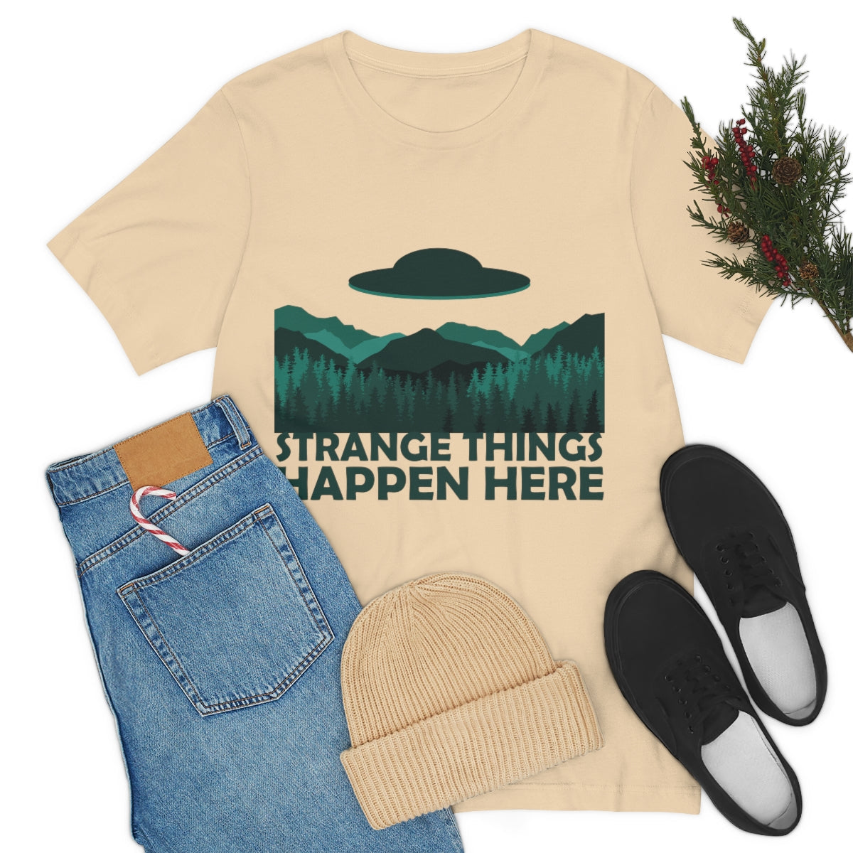 Strange Things Happen Here Spooky Forest Aliens UFO Arrival Unisex Jersey Short Sleeve T-Shirt Ichaku [Perfect Gifts Selection]