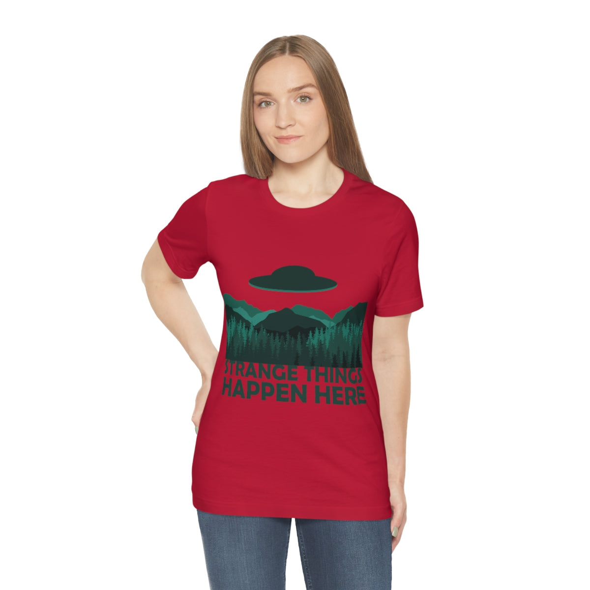 Strange Things Happen Here Spooky Forest Aliens UFO Arrival Unisex Jersey Short Sleeve T-Shirt Ichaku [Perfect Gifts Selection]