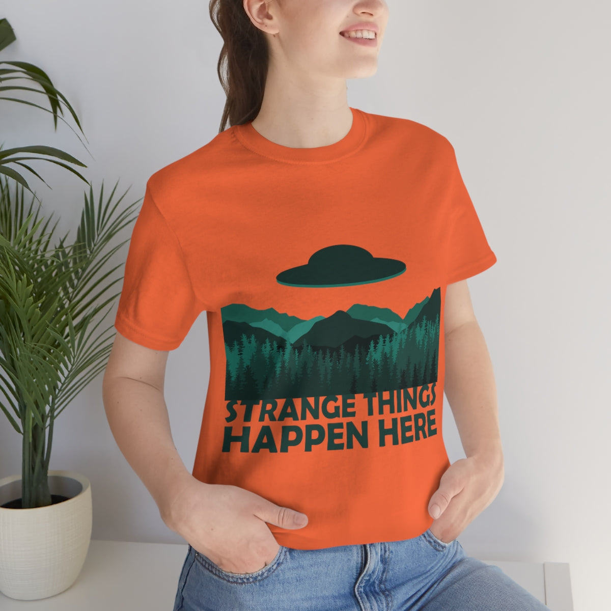 Strange Things Happen Here Spooky Forest Aliens UFO Arrival Unisex Jersey Short Sleeve T-Shirt Ichaku [Perfect Gifts Selection]