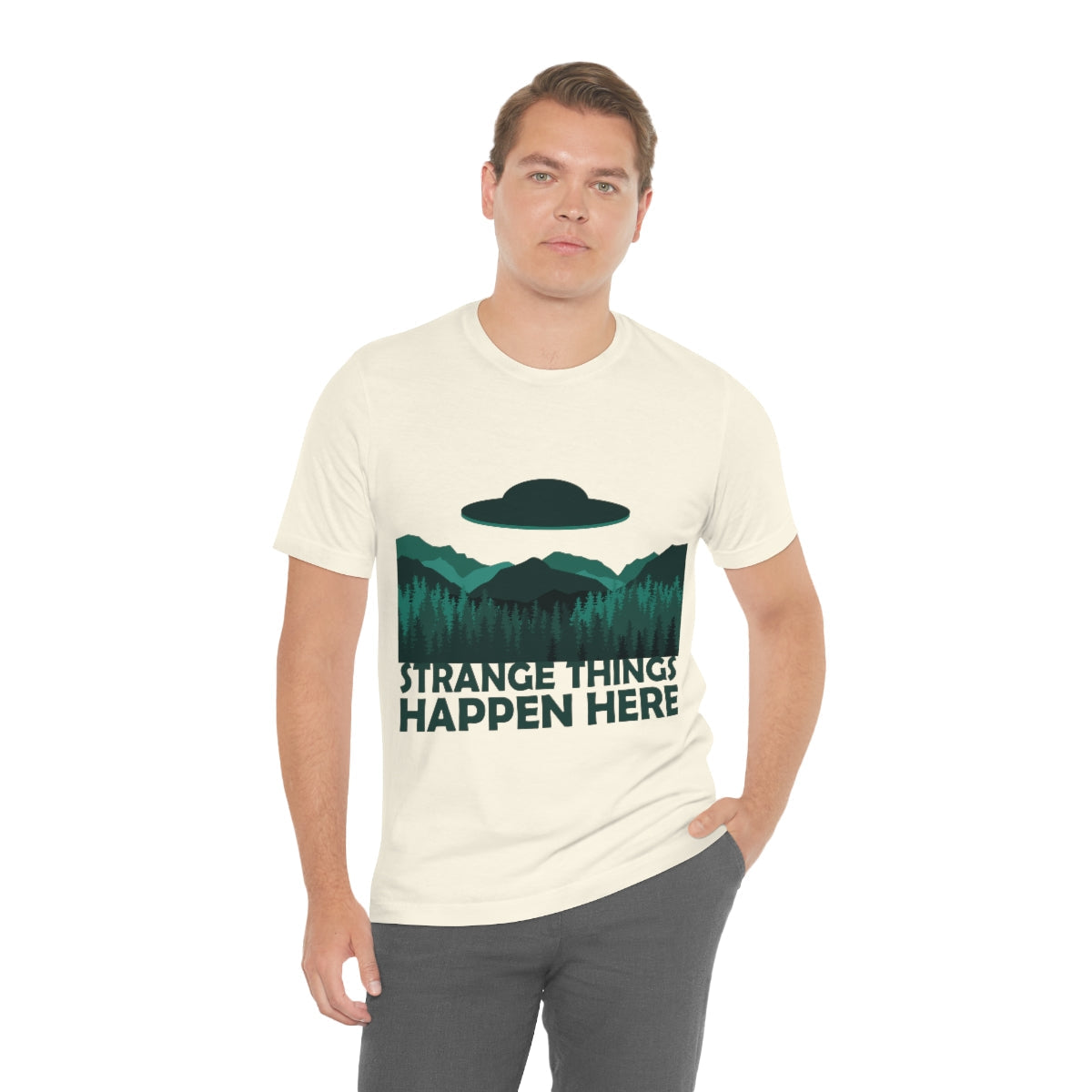 Strange Things Happen Here Spooky Forest Aliens UFO Arrival Unisex Jersey Short Sleeve T-Shirt Ichaku [Perfect Gifts Selection]