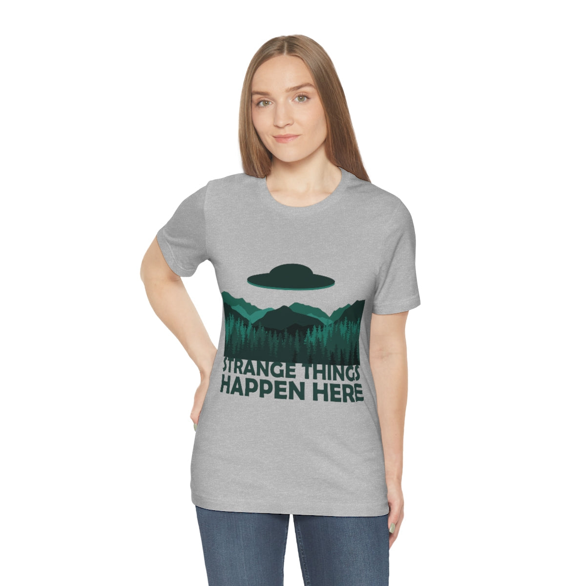 Strange Things Happen Here Spooky Forest Aliens UFO Arrival Unisex Jersey Short Sleeve T-Shirt Ichaku [Perfect Gifts Selection]