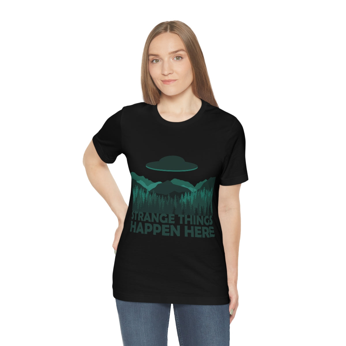 Strange Things Happen Here Spooky Forest Aliens UFO Arrival Unisex Jersey Short Sleeve T-Shirt Ichaku [Perfect Gifts Selection]