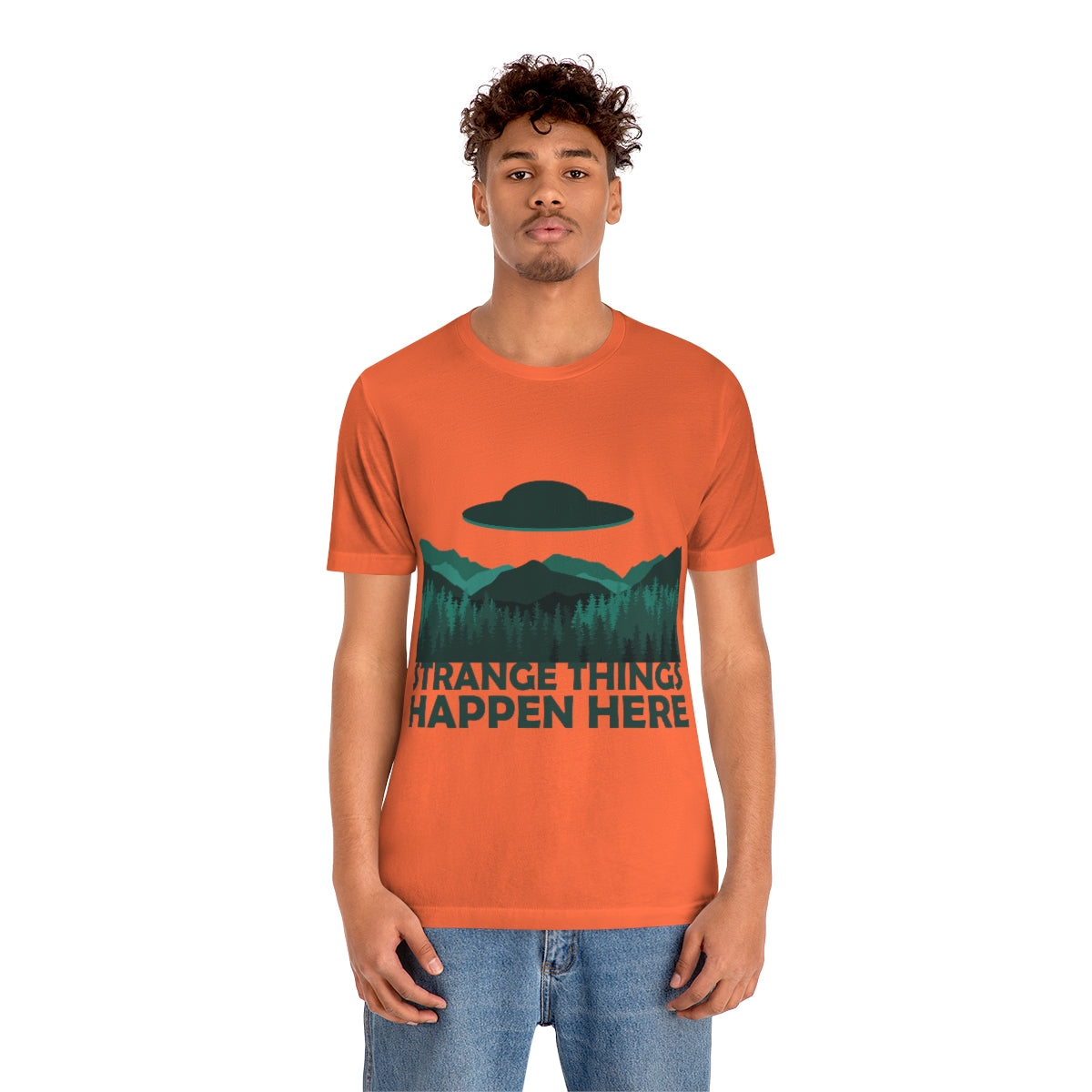 Strange Things Happen Here Spooky Forest Aliens UFO Arrival Unisex Jersey Short Sleeve T-Shirt Ichaku [Perfect Gifts Selection]