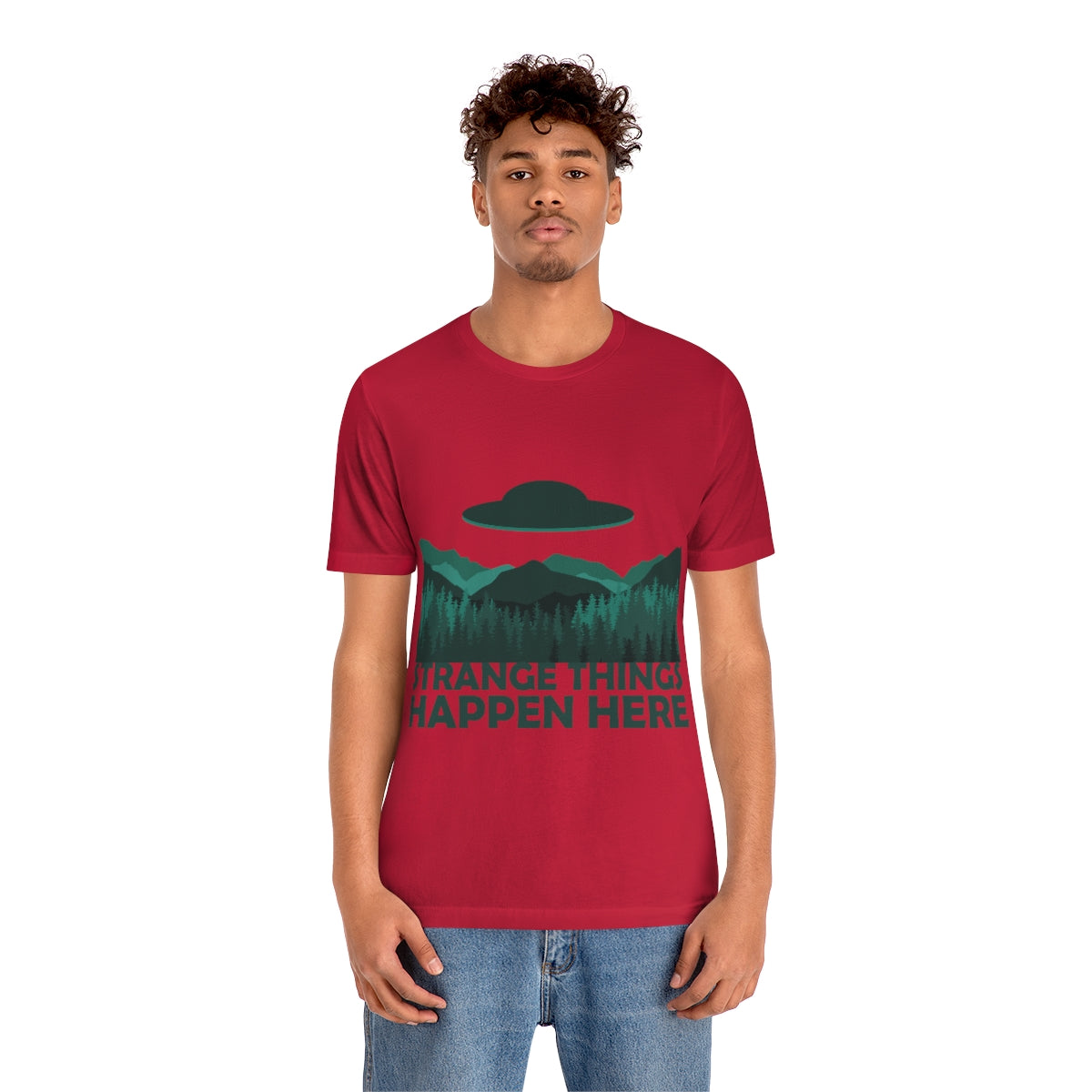 Strange Things Happen Here Spooky Forest Aliens UFO Arrival Unisex Jersey Short Sleeve T-Shirt Ichaku [Perfect Gifts Selection]