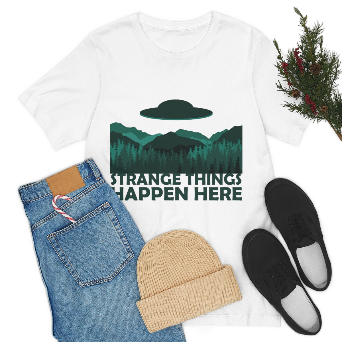 Strange Things Happen Here Spooky Forest Aliens UFO Arrival Unisex Jersey Short Sleeve T-Shirt Ichaku [Perfect Gifts Selection]