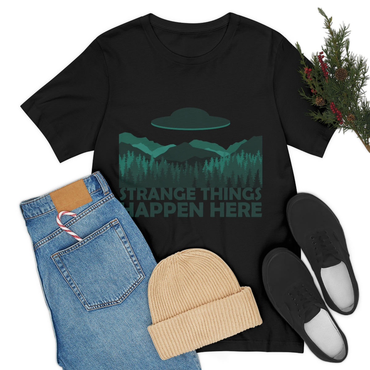 Strange Things Happen Here Spooky Forest Aliens UFO Arrival Unisex Jersey Short Sleeve T-Shirt Ichaku [Perfect Gifts Selection]