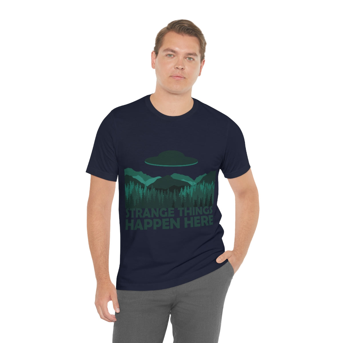Strange Things Happen Here Spooky Forest Aliens UFO Arrival Unisex Jersey Short Sleeve T-Shirt Ichaku [Perfect Gifts Selection]