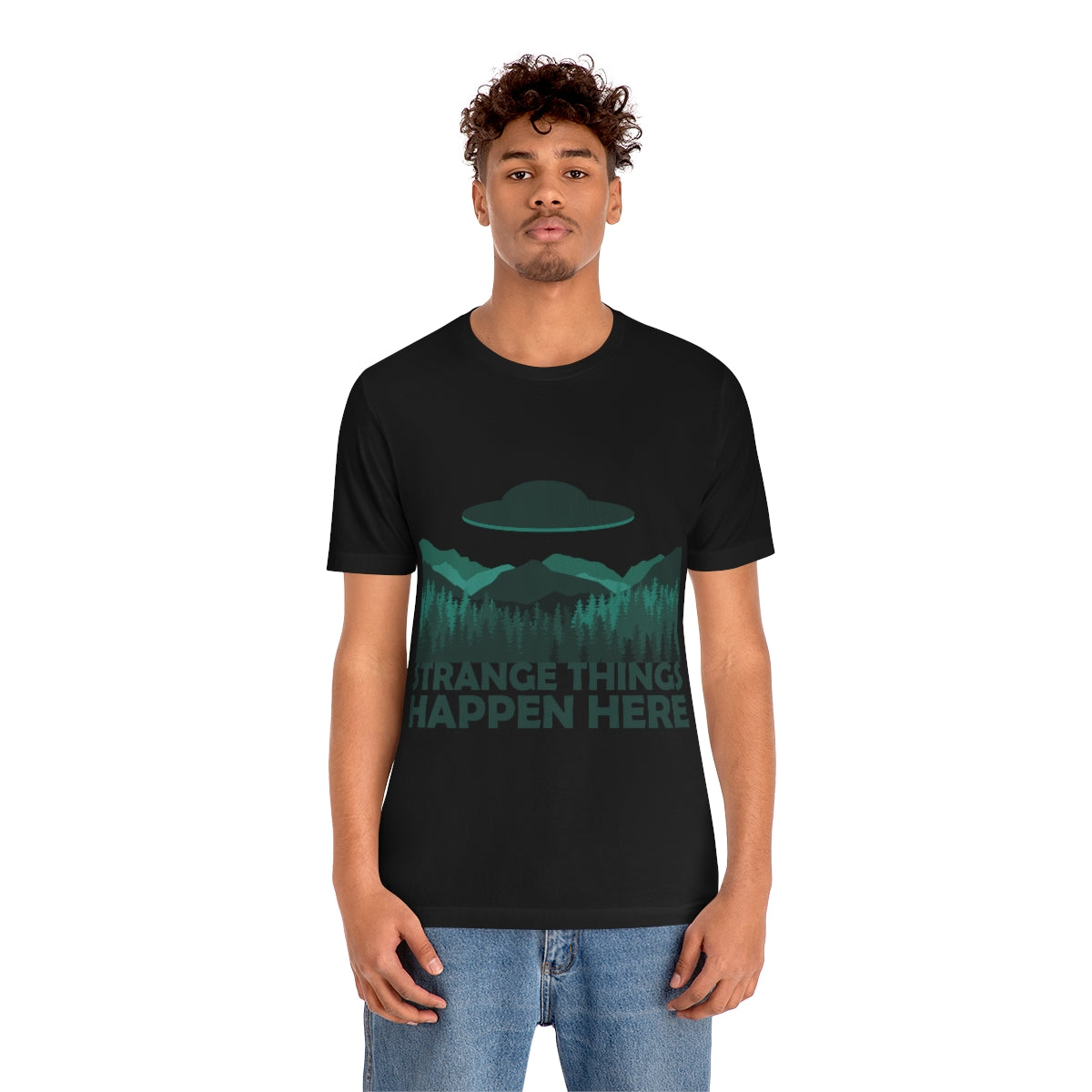 Strange Things Happen Here Spooky Forest Aliens UFO Arrival Unisex Jersey Short Sleeve T-Shirt Ichaku [Perfect Gifts Selection]