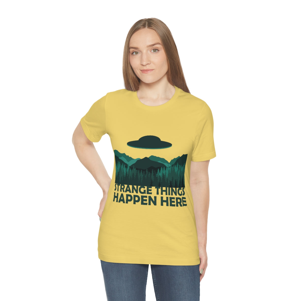 Strange Things Happen Here Spooky Forest Aliens UFO Arrival Unisex Jersey Short Sleeve T-Shirt Ichaku [Perfect Gifts Selection]