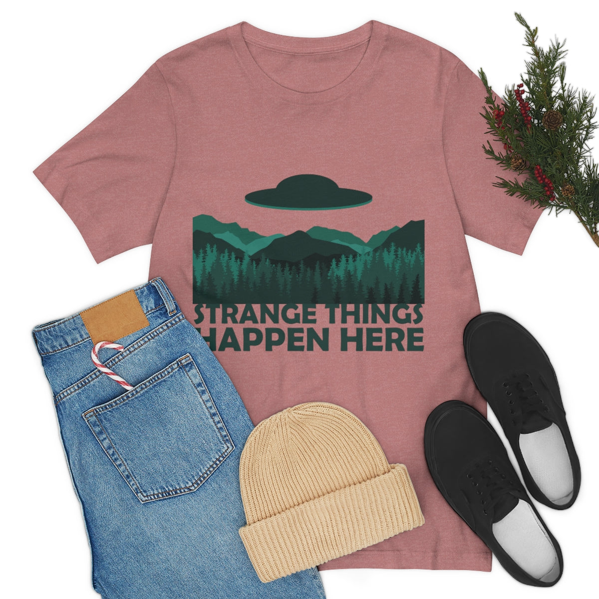 Strange Things Happen Here Spooky Forest Aliens UFO Arrival Unisex Jersey Short Sleeve T-Shirt Ichaku [Perfect Gifts Selection]