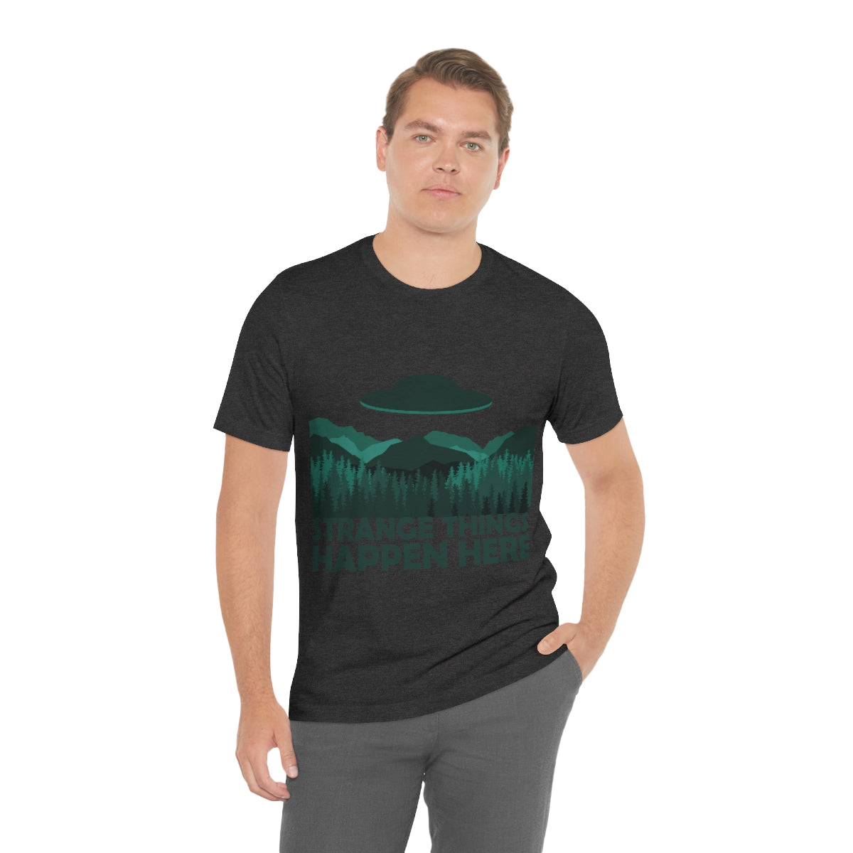 Strange Things Happen Here Spooky Forest Aliens UFO Arrival Unisex Jersey Short Sleeve T-Shirt Ichaku [Perfect Gifts Selection]