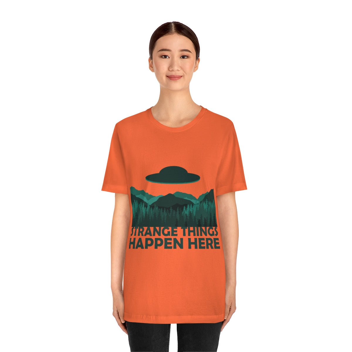 Strange Things Happen Here Spooky Forest Aliens UFO Arrival Unisex Jersey Short Sleeve T-Shirt Ichaku [Perfect Gifts Selection]