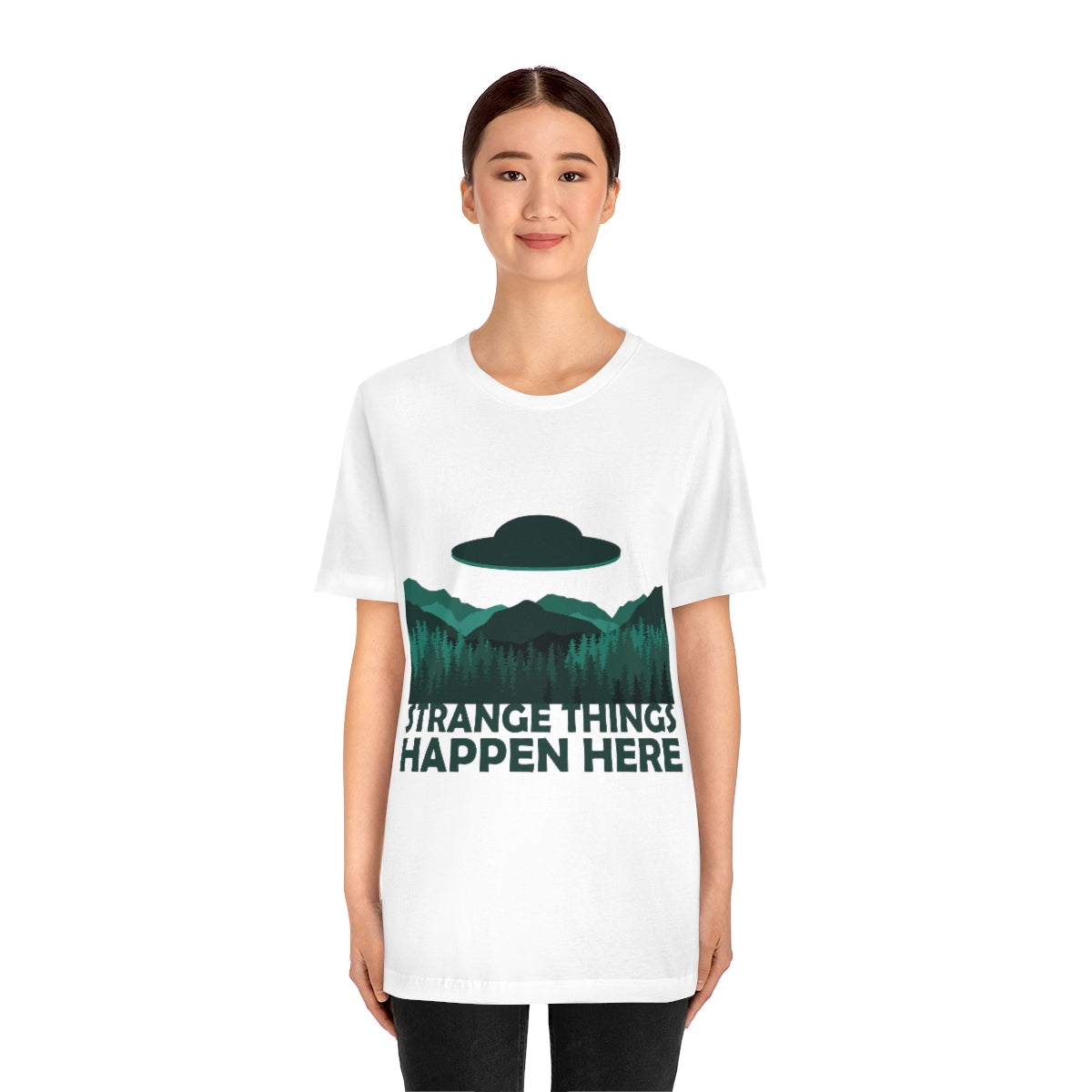 Strange Things Happen Here Spooky Forest Aliens UFO Arrival Unisex Jersey Short Sleeve T-Shirt Ichaku [Perfect Gifts Selection]