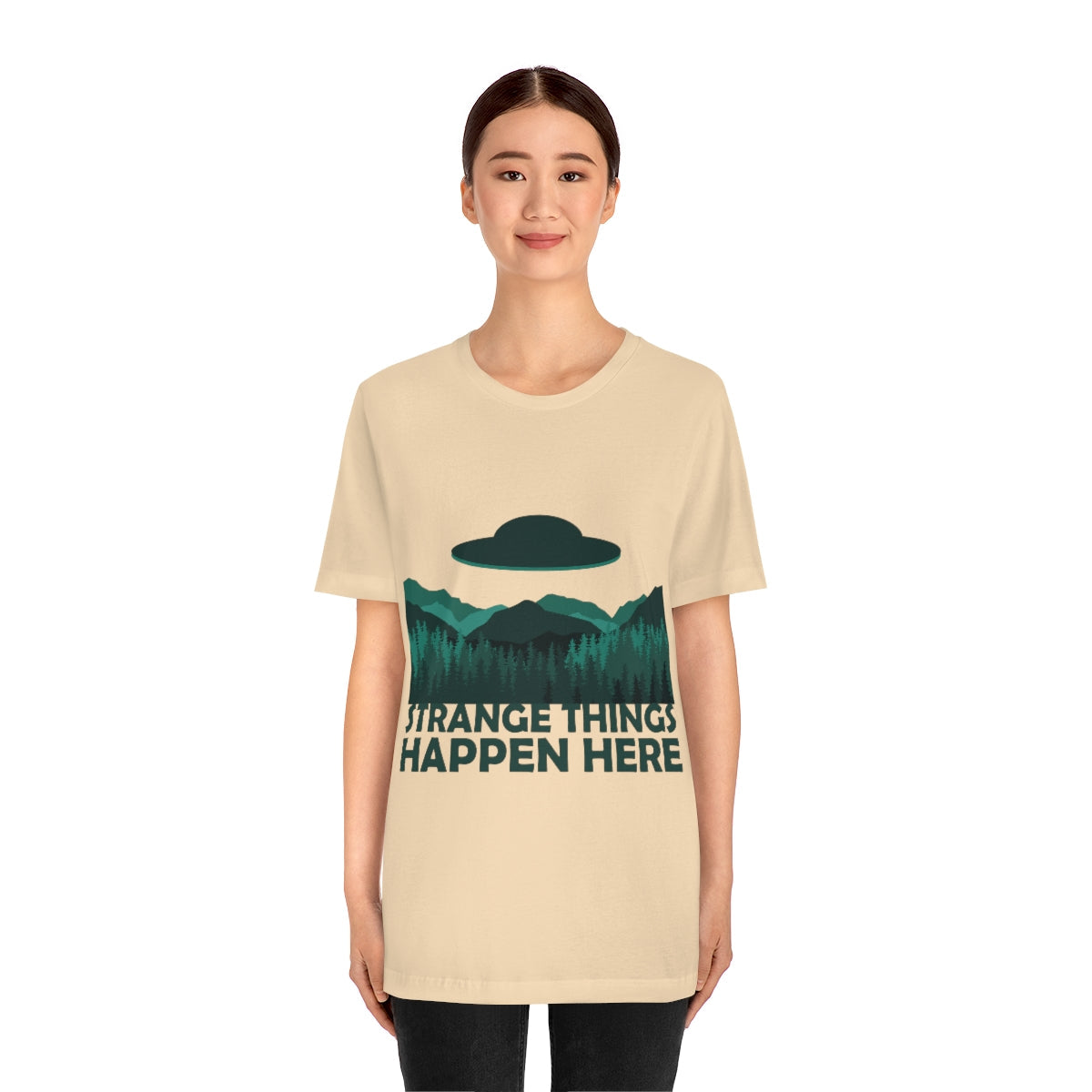 Strange Things Happen Here Spooky Forest Aliens UFO Arrival Unisex Jersey Short Sleeve T-Shirt Ichaku [Perfect Gifts Selection]