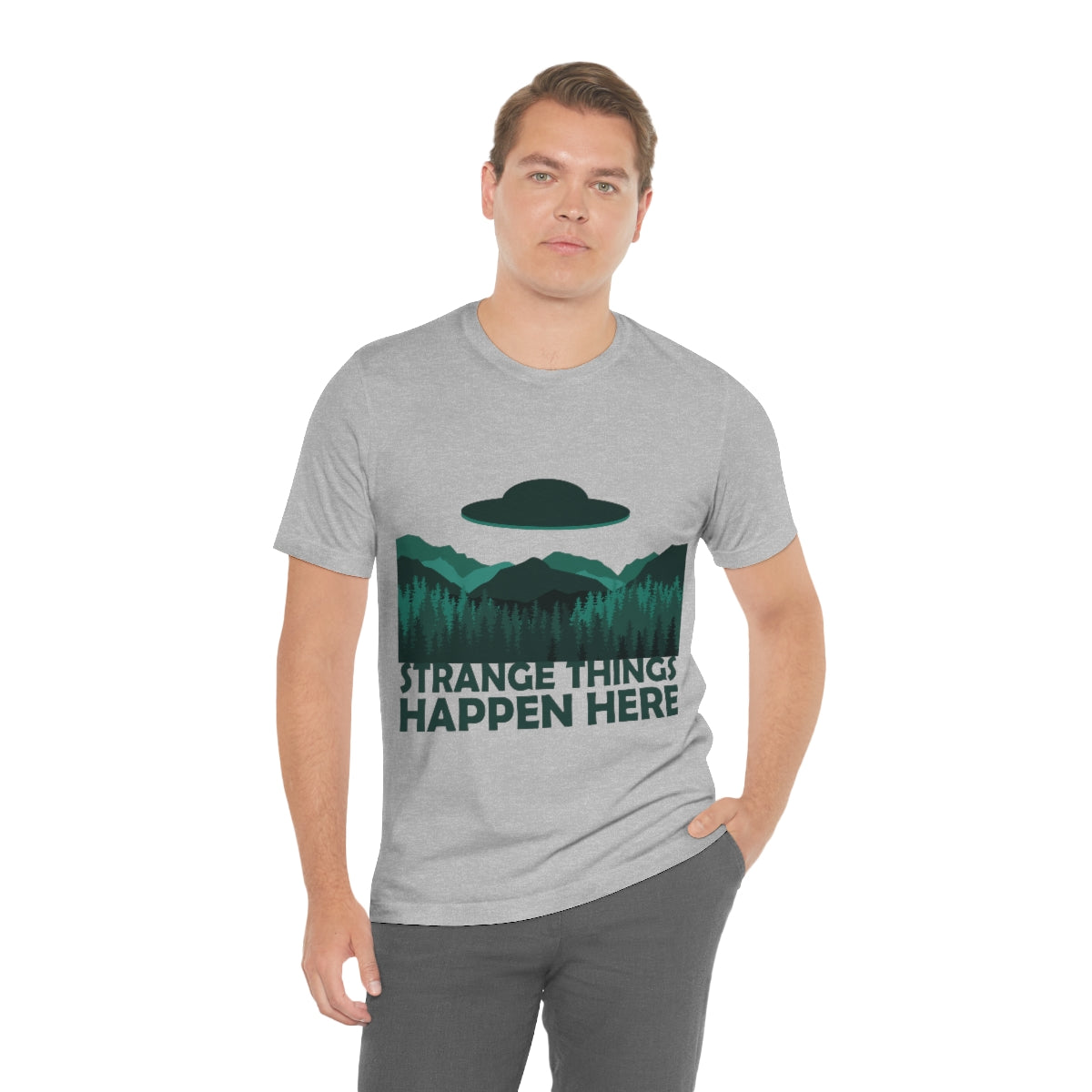 Strange Things Happen Here Spooky Forest Aliens UFO Arrival Unisex Jersey Short Sleeve T-Shirt Ichaku [Perfect Gifts Selection]