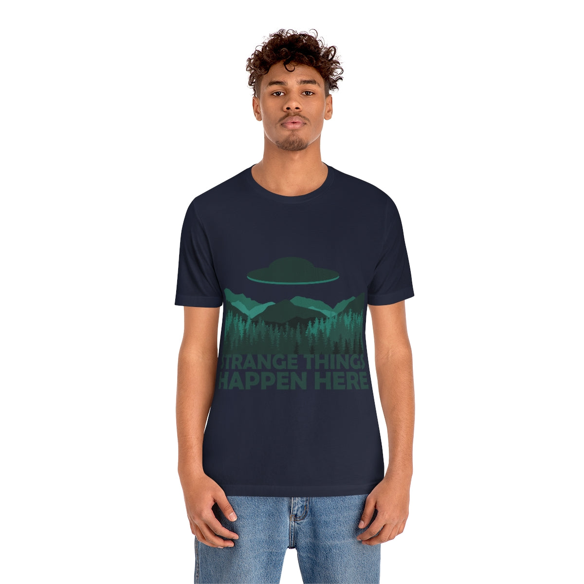 Strange Things Happen Here Spooky Forest Aliens UFO Arrival Unisex Jersey Short Sleeve T-Shirt Ichaku [Perfect Gifts Selection]