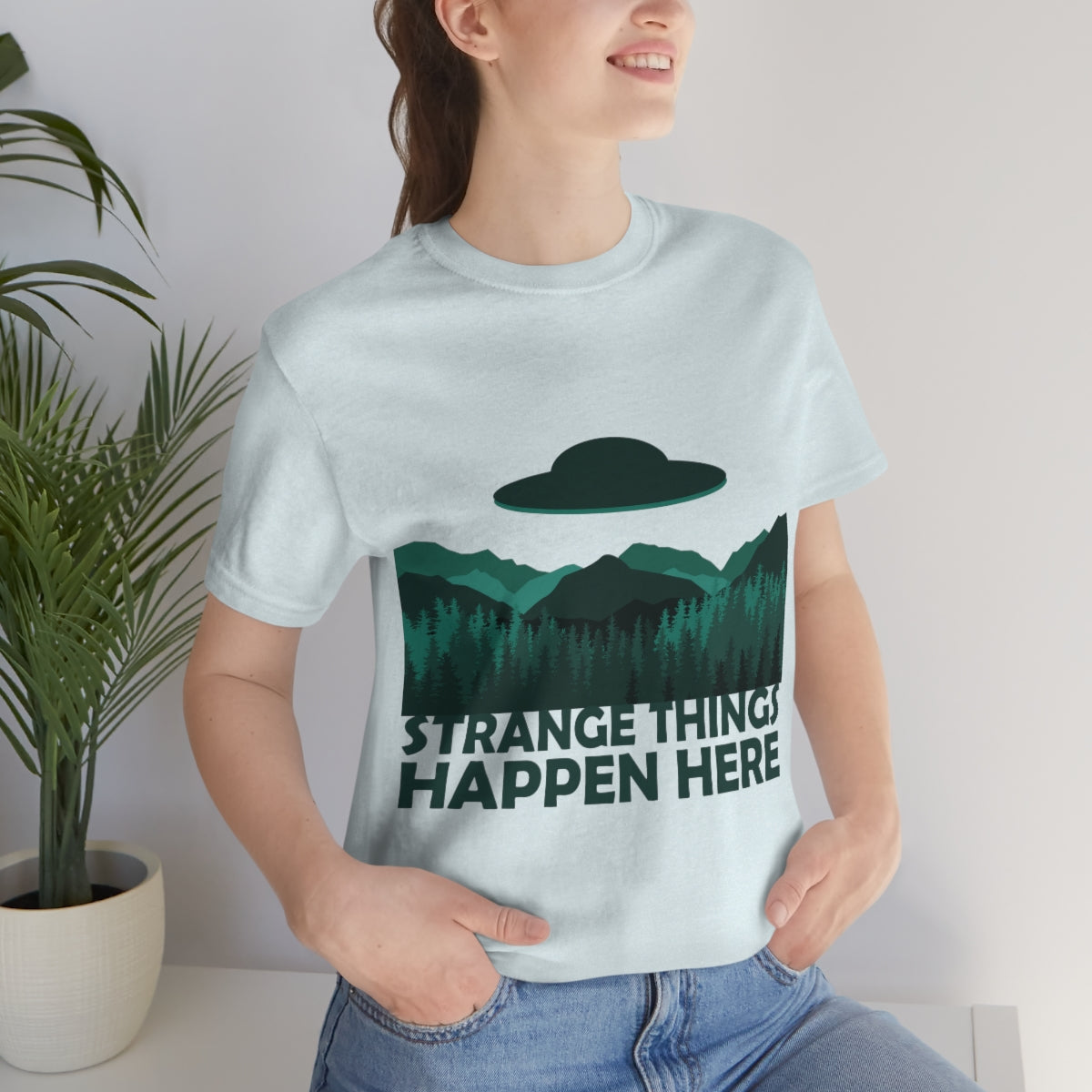 Strange Things Happen Here Spooky Forest Aliens UFO Arrival Unisex Jersey Short Sleeve T-Shirt Ichaku [Perfect Gifts Selection]