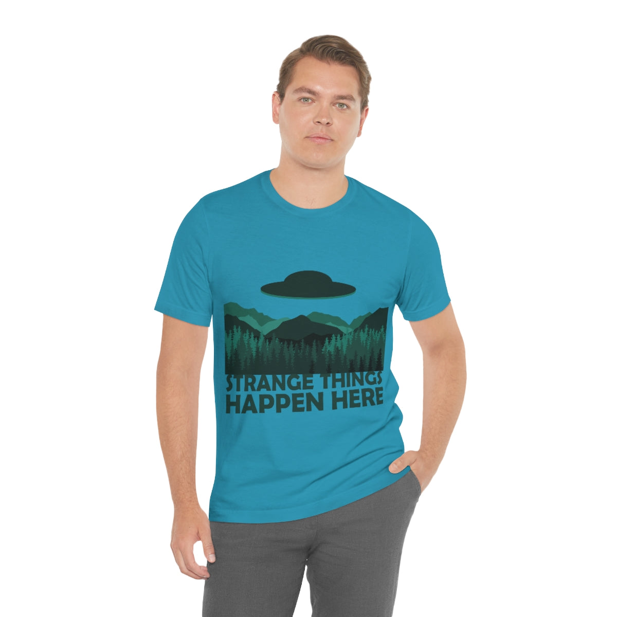 Strange Things Happen Here Spooky Forest Aliens UFO Arrival Unisex Jersey Short Sleeve T-Shirt Ichaku [Perfect Gifts Selection]