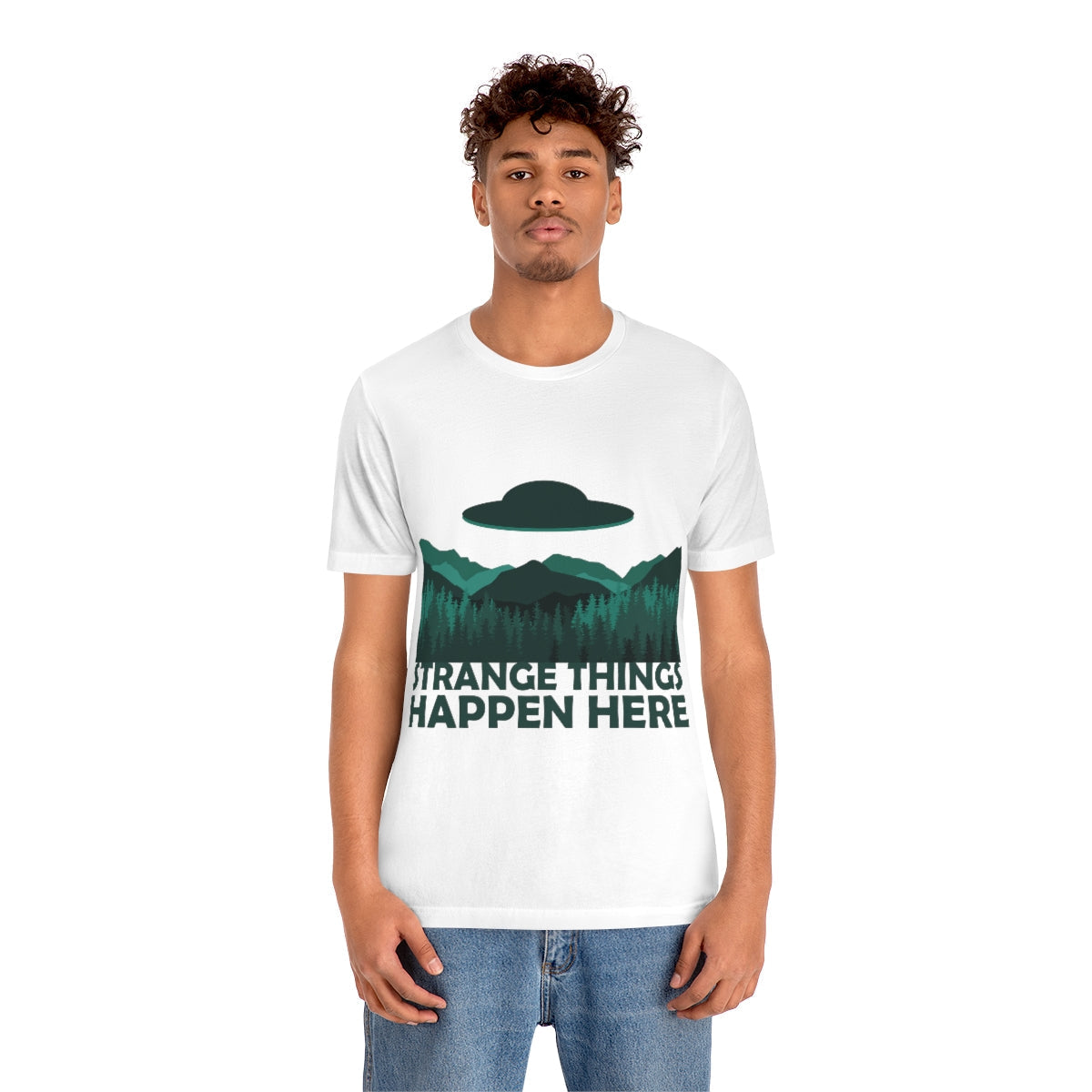 Strange Things Happen Here Spooky Forest Aliens UFO Arrival Unisex Jersey Short Sleeve T-Shirt Ichaku [Perfect Gifts Selection]