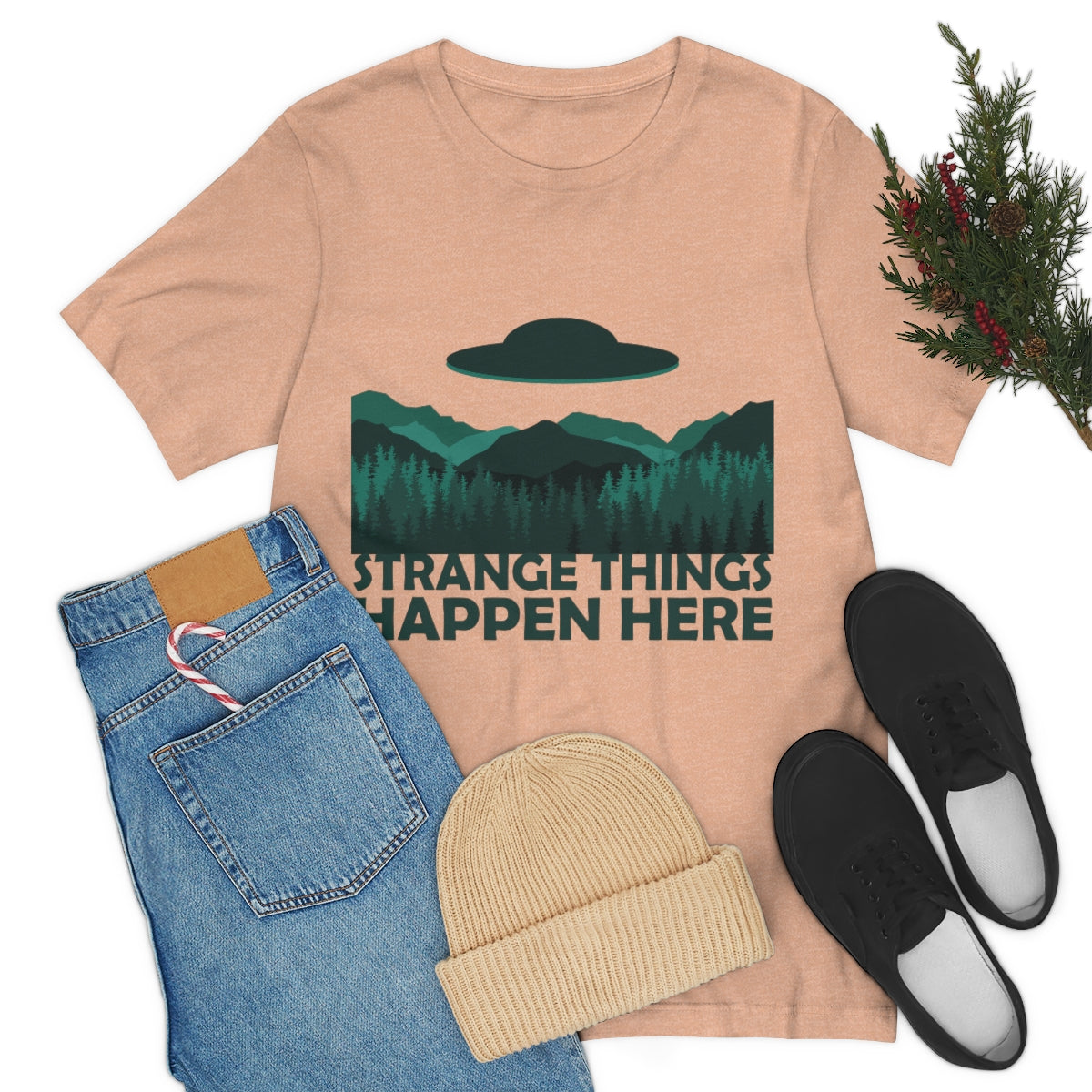 Strange Things Happen Here Spooky Forest Aliens UFO Arrival Unisex Jersey Short Sleeve T-Shirt Ichaku [Perfect Gifts Selection]