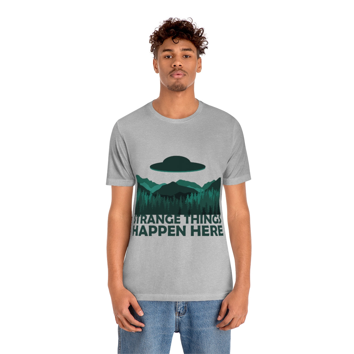 Strange Things Happen Here Spooky Forest Aliens UFO Arrival Unisex Jersey Short Sleeve T-Shirt Ichaku [Perfect Gifts Selection]