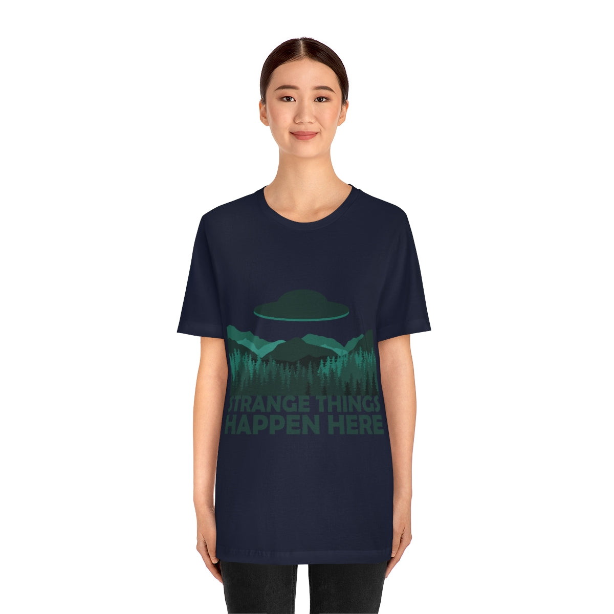 Strange Things Happen Here Spooky Forest Aliens UFO Arrival Unisex Jersey Short Sleeve T-Shirt Ichaku [Perfect Gifts Selection]