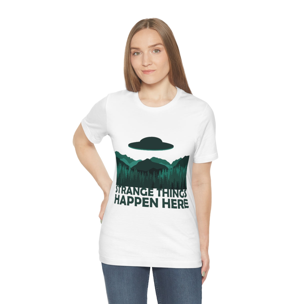 Strange Things Happen Here Spooky Forest Aliens UFO Arrival Unisex Jersey Short Sleeve T-Shirt Ichaku [Perfect Gifts Selection]