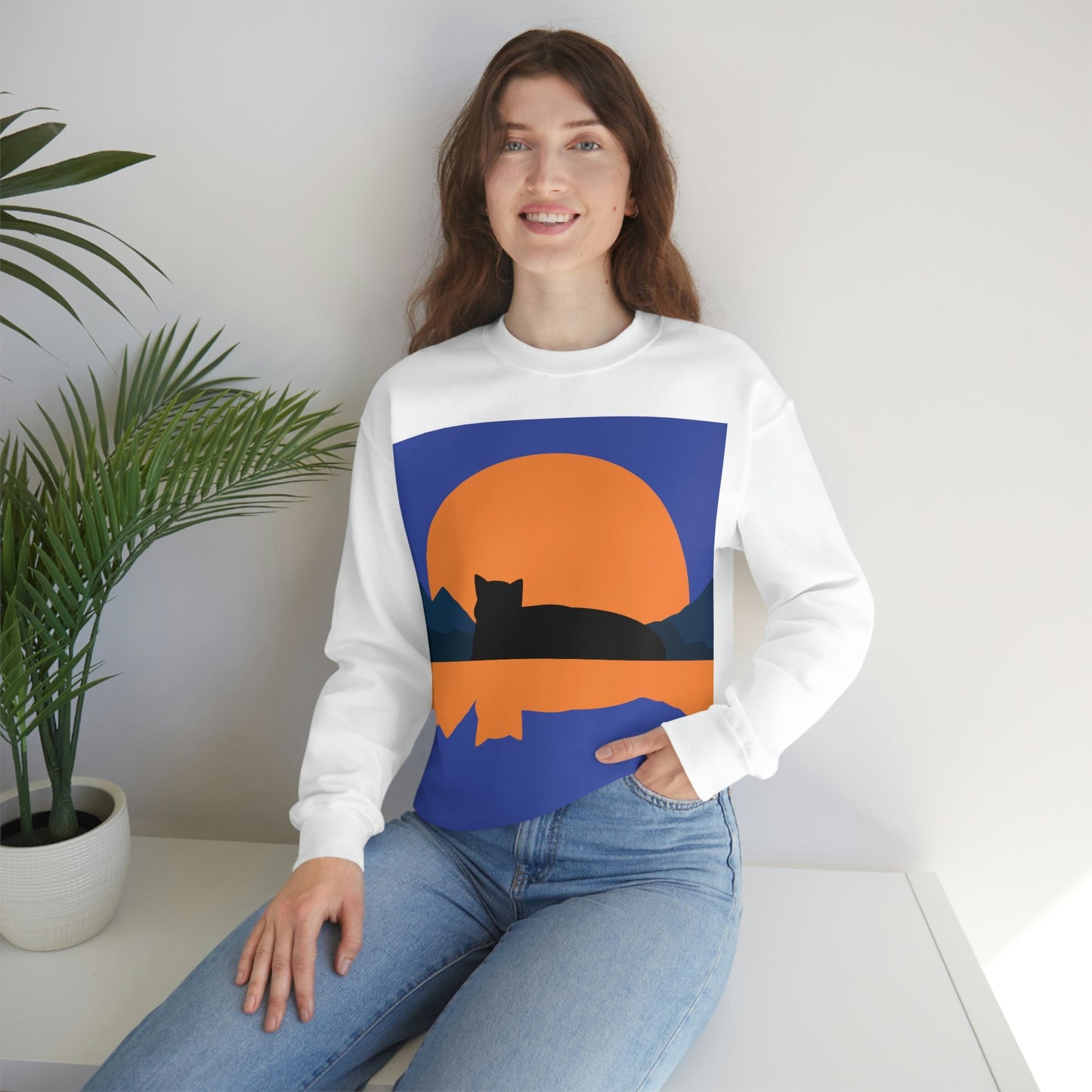 Sunset Black Cat Aesthetic Relaxed Aesthetic Minimalist Art Unisex Heavy Blend™ Crewneck Sweatshirt Ichaku [Perfect Gifts Selection]