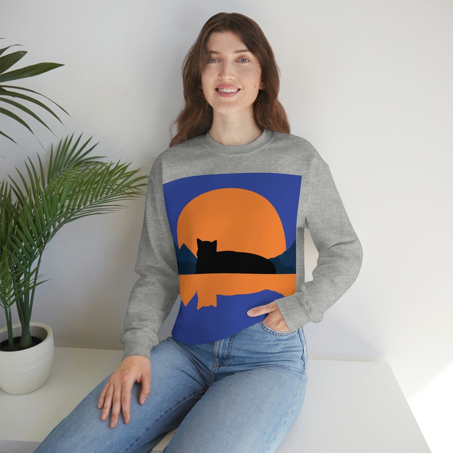 Sunset Black Cat Aesthetic Relaxed Aesthetic Minimalist Art Unisex Heavy Blend™ Crewneck Sweatshirt Ichaku [Perfect Gifts Selection]