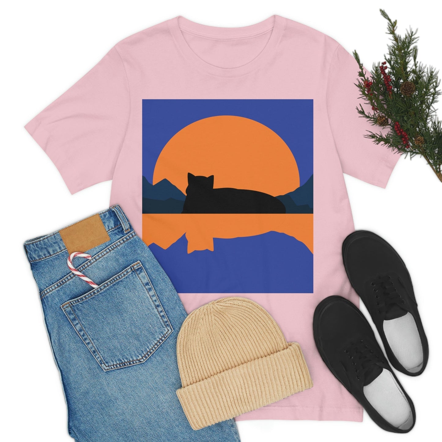 Sunset Black Cat Aesthetic Relaxed Aesthetic Minimalist Art Unisex Jersey Short Sleeve T-Shirt Ichaku [Perfect Gifts Selection]