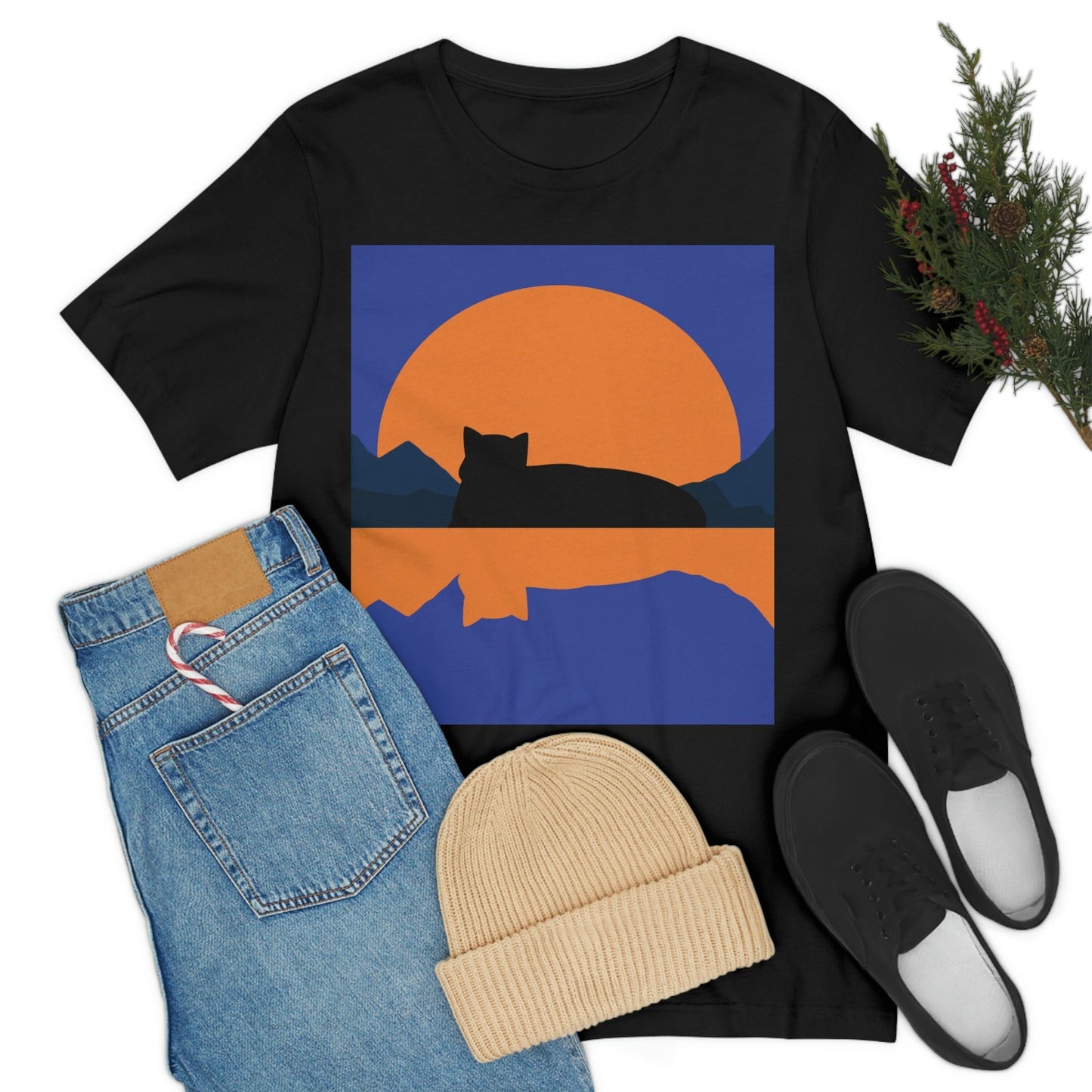 Sunset Black Cat Aesthetic Relaxed Aesthetic Minimalist Art Unisex Jersey Short Sleeve T-Shirt Ichaku [Perfect Gifts Selection]