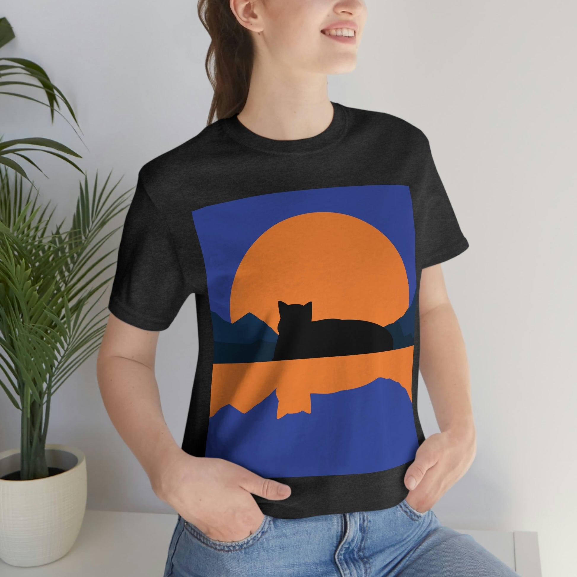 Sunset Black Cat Aesthetic Relaxed Aesthetic Minimalist Art Unisex Jersey Short Sleeve T-Shirt Ichaku [Perfect Gifts Selection]