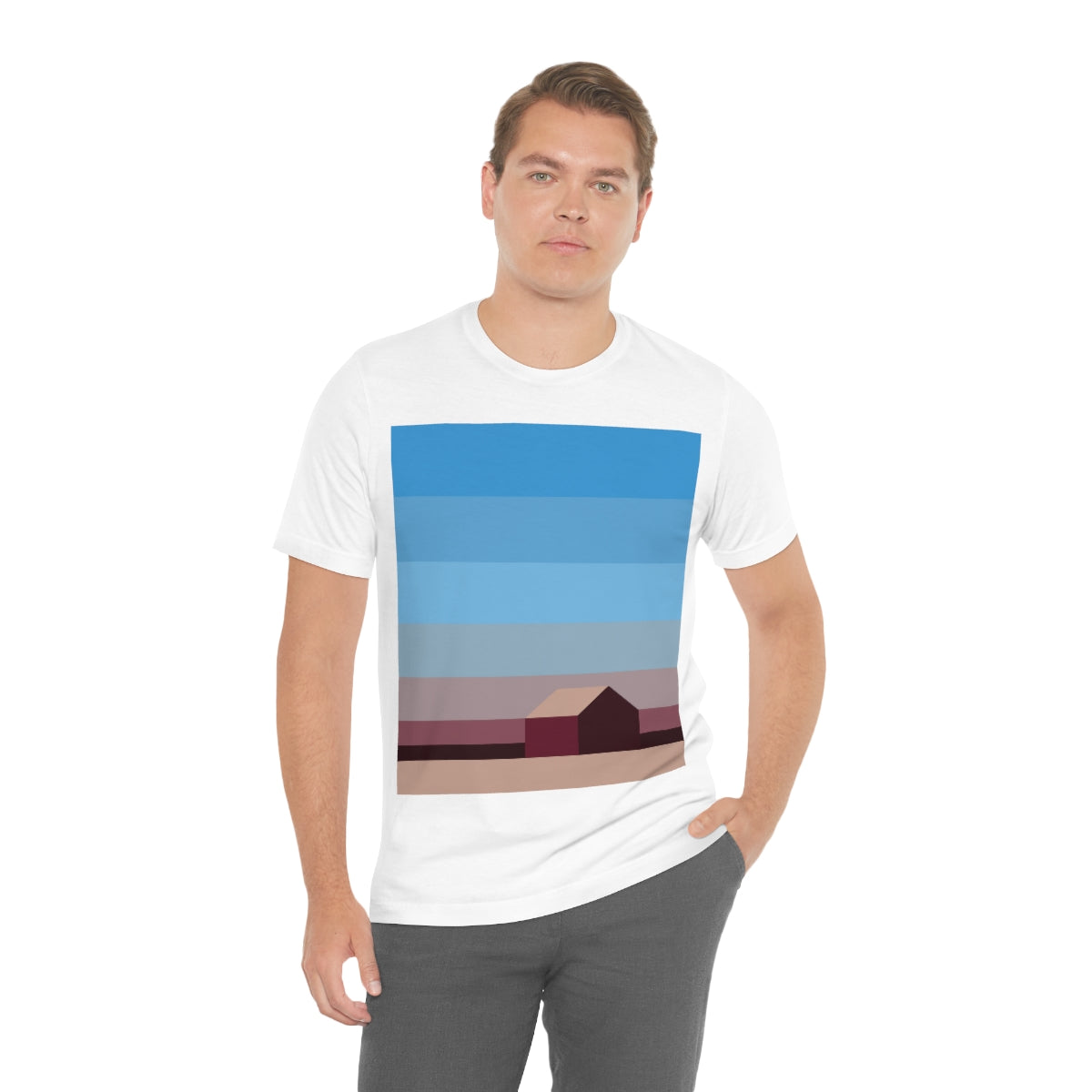 Sunset House Minimalist Abstract Art Landscape Minimal Design Unisex Jersey Short Sleeve T-Shirt Ichaku [Perfect Gifts Selection]