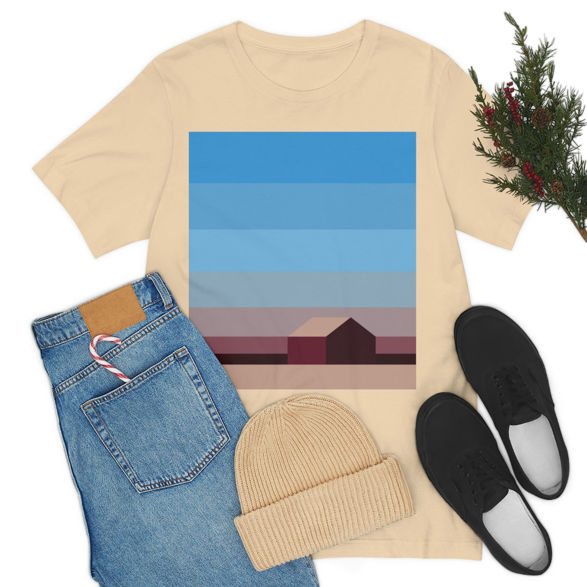 Sunset House Minimalist Abstract Art Landscape Minimal Design Unisex Jersey Short Sleeve T-Shirt Ichaku [Perfect Gifts Selection]