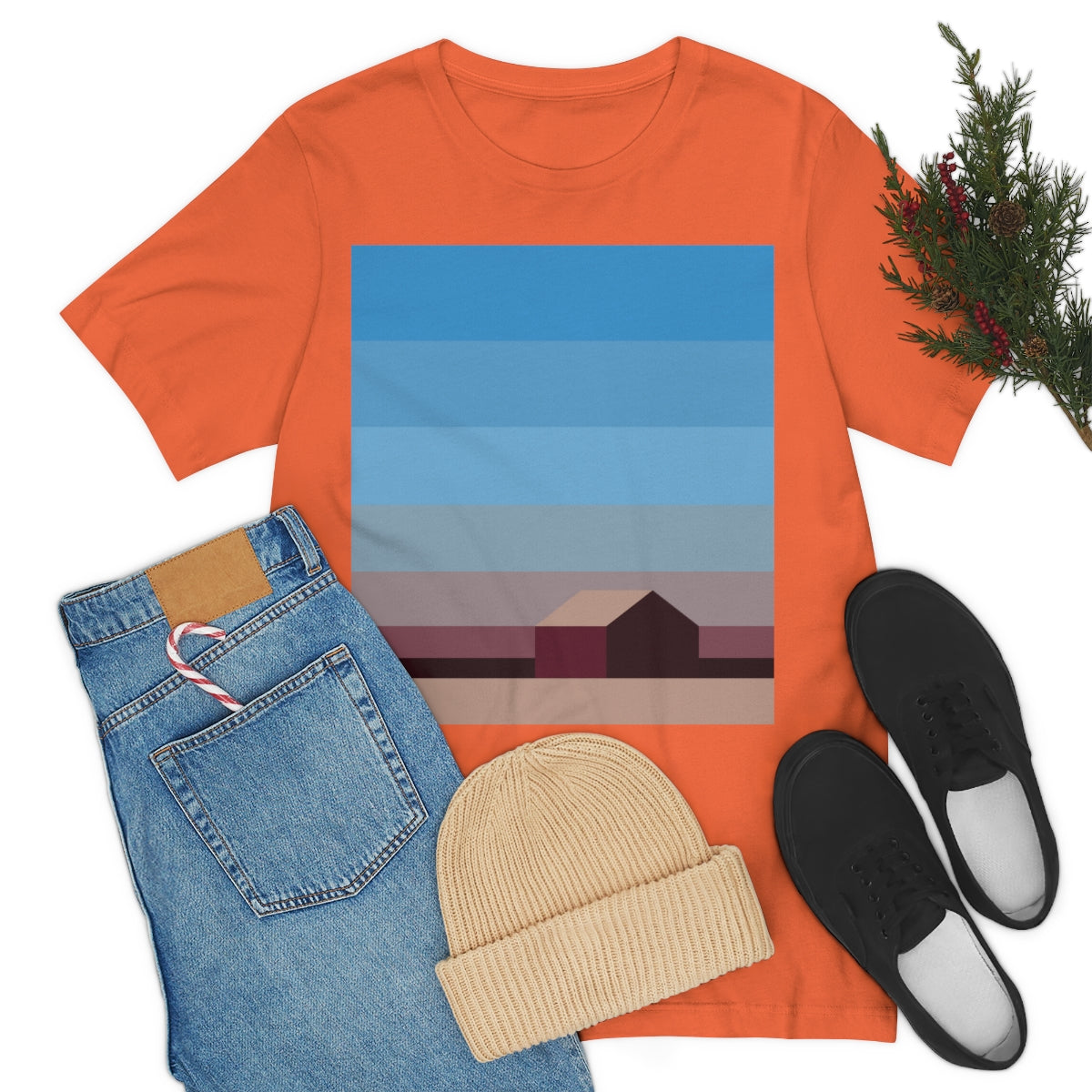 Sunset House Minimalist Abstract Art Landscape Minimal Design Unisex Jersey Short Sleeve T-Shirt Ichaku [Perfect Gifts Selection]