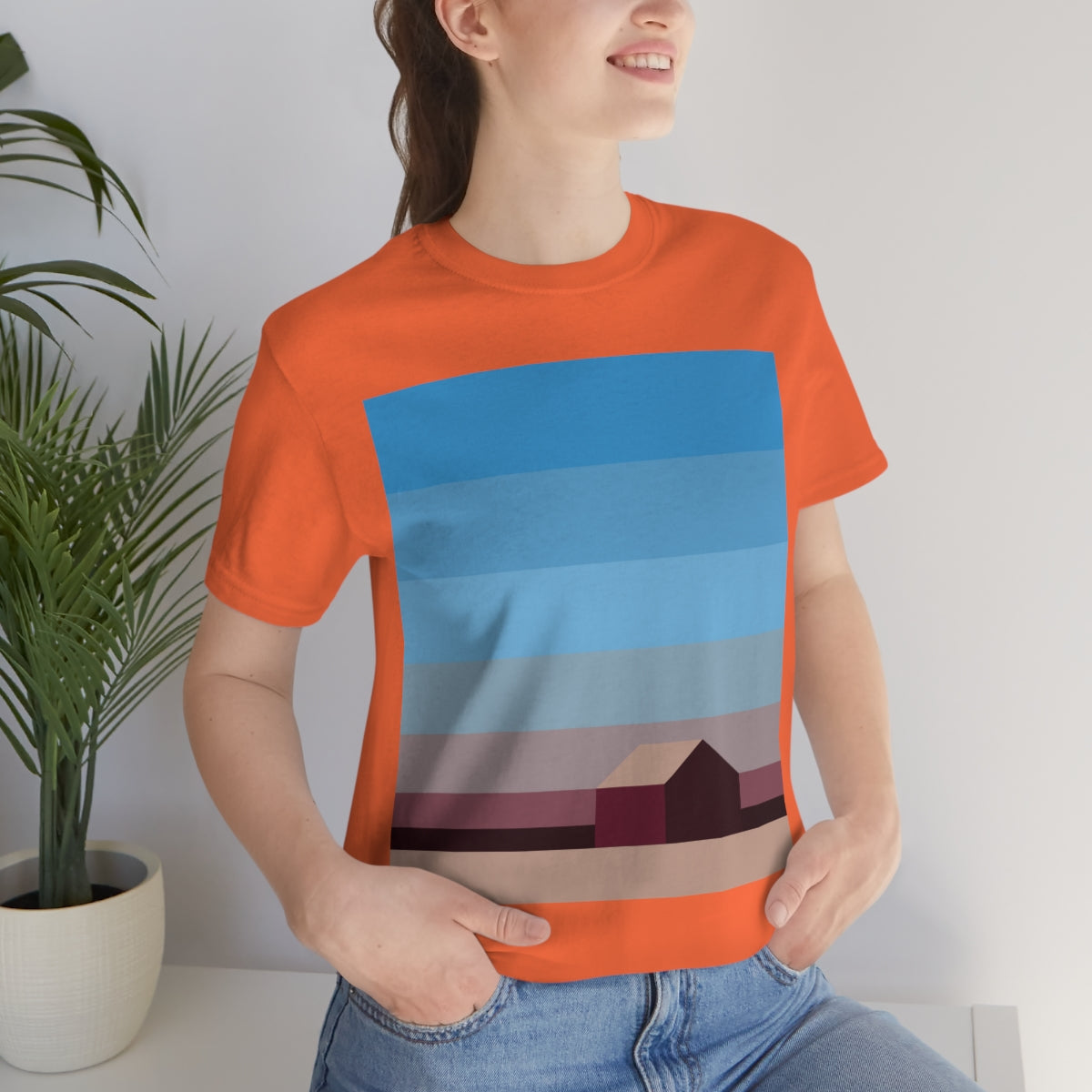 Sunset House Minimalist Abstract Art Landscape Minimal Design Unisex Jersey Short Sleeve T-Shirt Ichaku [Perfect Gifts Selection]