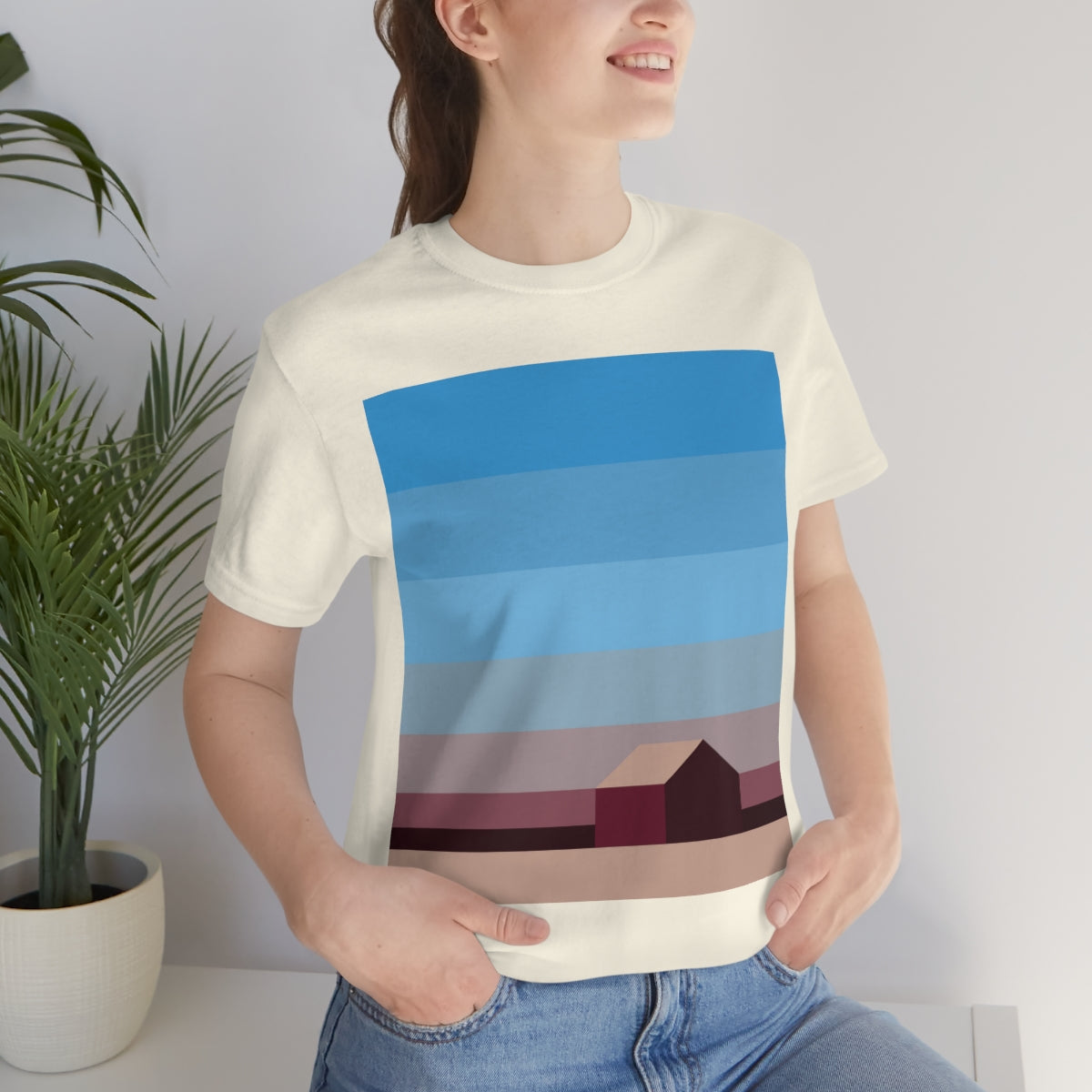 Sunset House Minimalist Abstract Art Landscape Minimal Design Unisex Jersey Short Sleeve T-Shirt Ichaku [Perfect Gifts Selection]