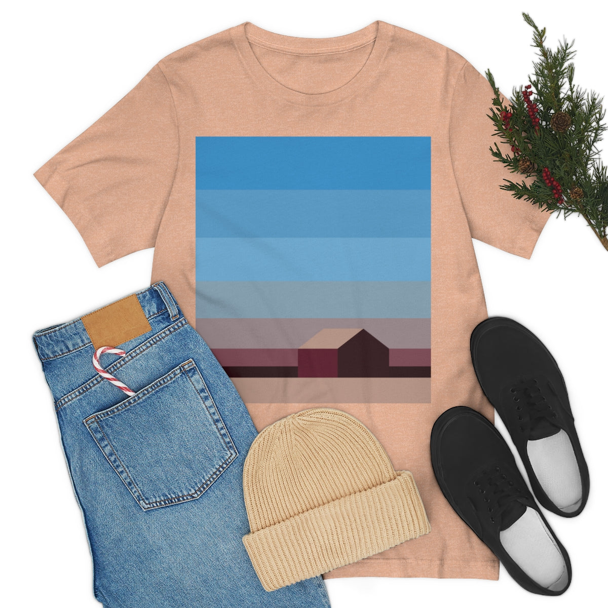 Sunset House Minimalist Abstract Art Landscape Minimal Design Unisex Jersey Short Sleeve T-Shirt Ichaku [Perfect Gifts Selection]