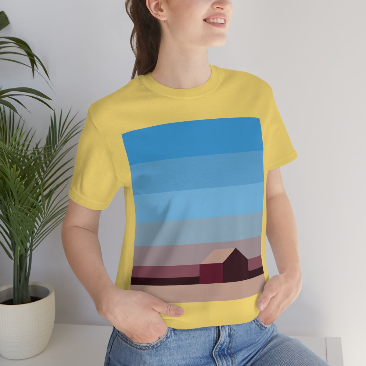 Sunset House Minimalist Abstract Art Landscape Minimal Design Unisex Jersey Short Sleeve T-Shirt Ichaku [Perfect Gifts Selection]