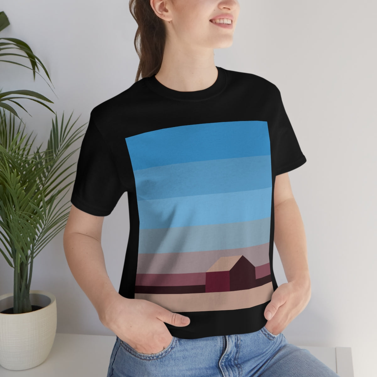 Sunset House Minimalist Abstract Art Landscape Minimal Design Unisex Jersey Short Sleeve T-Shirt Ichaku [Perfect Gifts Selection]