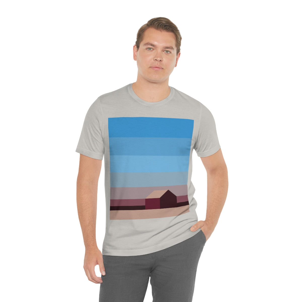 Sunset House Minimalist Abstract Art Landscape Minimal Design Unisex Jersey Short Sleeve T-Shirt Ichaku [Perfect Gifts Selection]